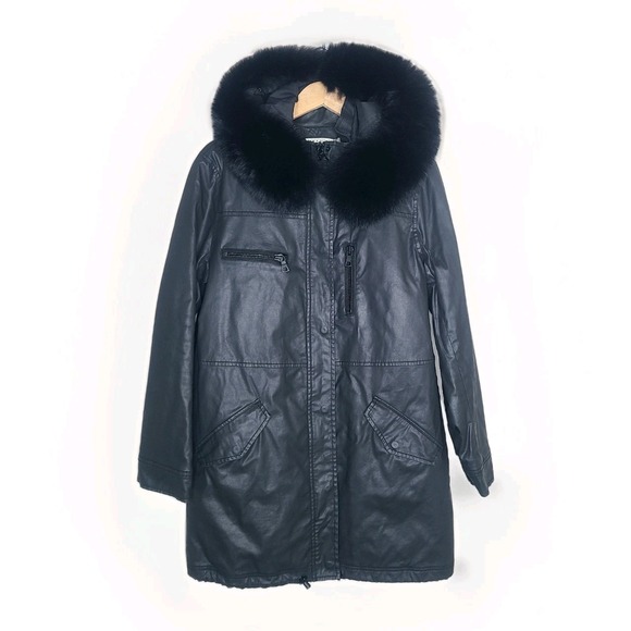Alice + Olivia Black Coated Canvas Oversized Fur Hooded Parka Jacket Coat M - Picture 1 of 7